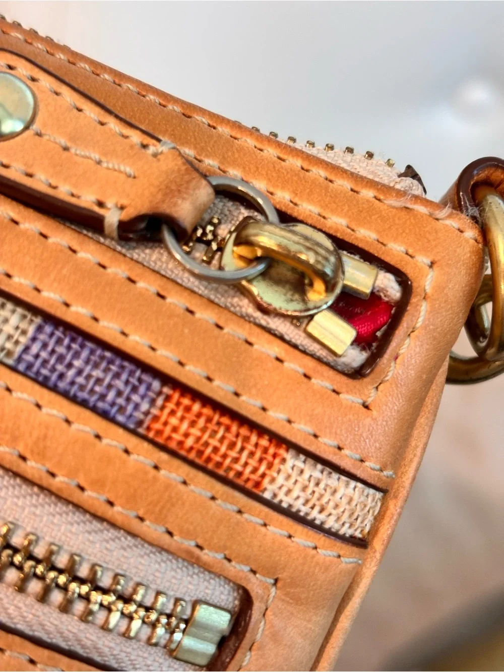 Coach Multicolor Striped Canvas & Leather Wristlet - Orange, Purple, Pink, Brown